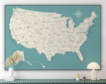 USA Map Kunstdruck Landkarte USA in Beige & Blau (Digitaler Download)