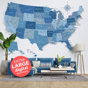 Map of The USA Printable - Blue XL USA Map with States | United States map digital download, large America map poster, usa map digital print