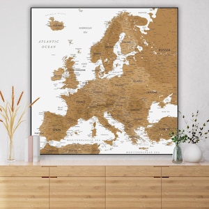 Druckbare Braun Europa Karte | Detaillierte Karte von Europa Städte Länder | Light Map Wand Kunst Druck Haus Büro Dekor | Politische Europakarte