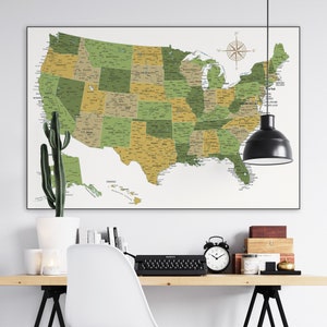 Lehrreiche Landkarte US Bundesstaaten in Grün, Gelb, Gold | USA Karte Kunstdruck Wanddeko | Digital Download USA Karte Klassenzimmer Dekor