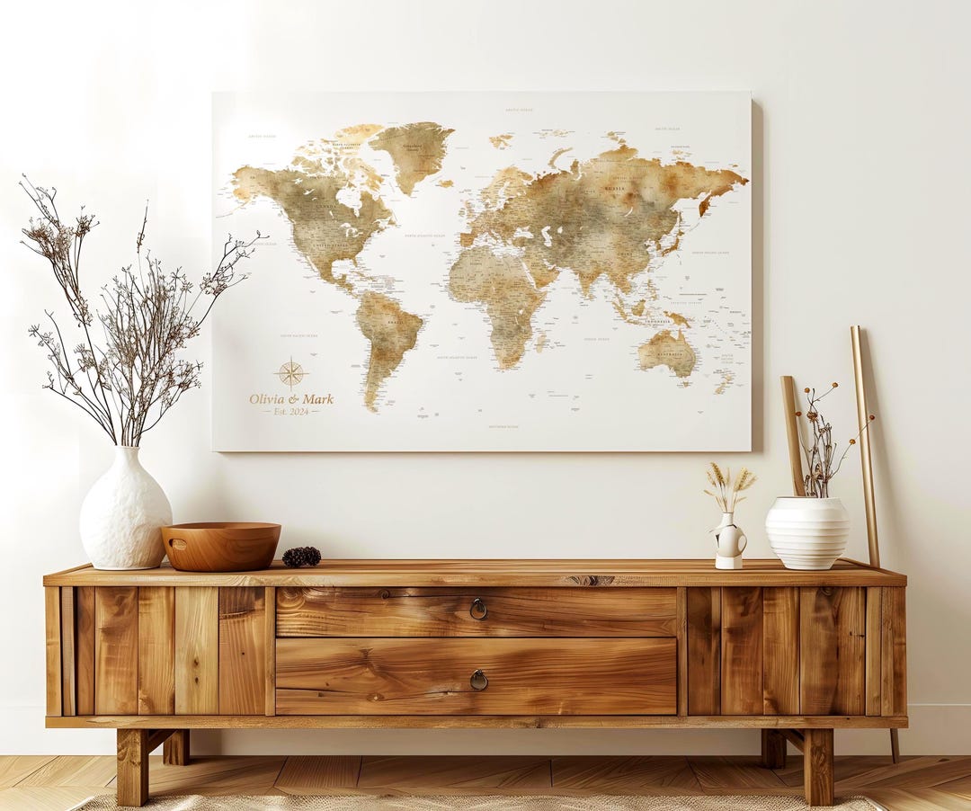 Personalized Watercolor World Map Print, Neutral Beige Travel Poster - Etsy