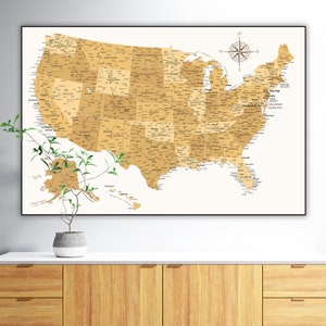 Stylish United States Map - Printable Educational Poster US Map in Gold & Yellow | Detailed High Res USA Map Print Instant Download