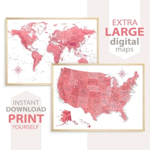 Mapa imprimible del mundo y EE. UU. en tonos rosa. Descarga digital. Arte mural minimalista de viajes rosa para el hogar y la oficina. Pósteres detallados.