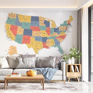 Carte détaillée des États-Unis en téléchargement numérique - Grande carte de voyage des États-Unis imprimable | Art mural pour école/école, affiche de carte de l'Amérique avec états, carte des États-Unis