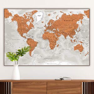 Mappa del mondo educativa grigio-arancio stampabile - Carta da parati con mappa del mondo digitale / Mappa del mondo con stampa artistica / Poster di viaggio con mappa / Decorazione per ufficio domestico