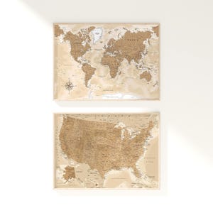 Conjunto de mapas vintage do mundo e dos EUA – Impressões artísticas em tons neutros (Download digital)