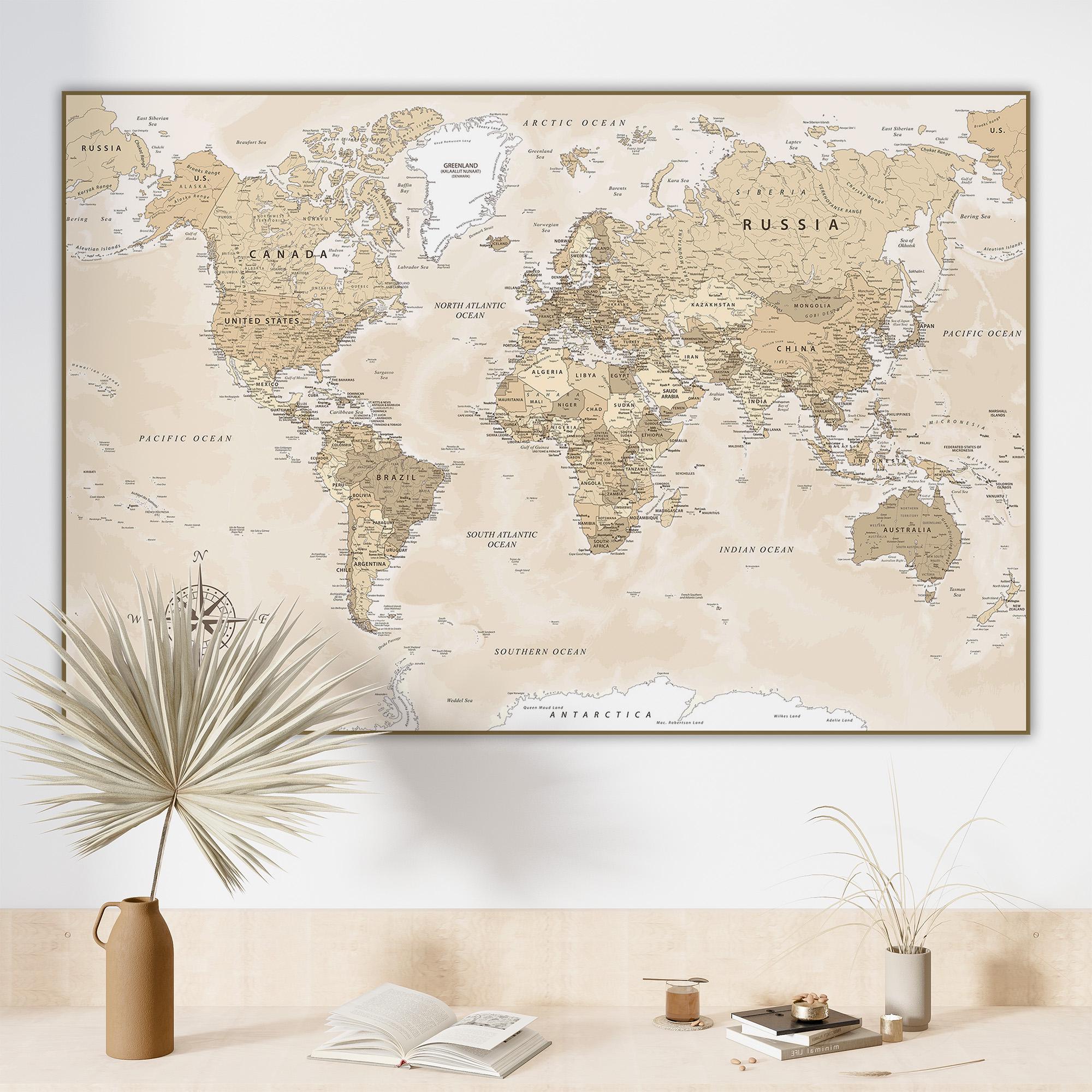 Beige World Map Printable – Neutral Travel Map with Countries – Digital Poster for Wall Art