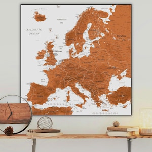 Impression détaillée de carte de l'Europe en terre cuite - Art mural tons chauds | Grande carte brune imprimable de l'Europe | Idée cadeau numérique Wanderlust