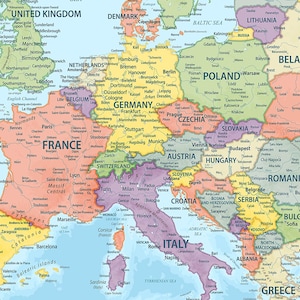 Digital Political Map of Europe, Download Detailed Europe Map, Ready to Print Colorful Map Poster, European Continent Map with Countries