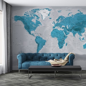 Carte du monde bleue imprimable | Carte haute résolution pour affiches, papiers peints et impressions, art mural, décoration de maison et de bureau | Carte numérique du monde
