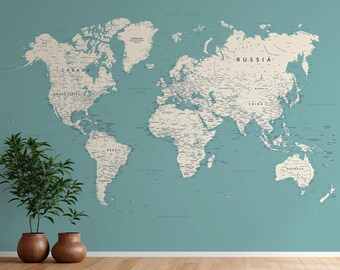 Large World Map Art Print | Blue and Beige Travel Poster Minimalist Style (Digital Download)