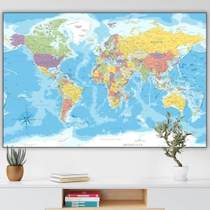 Highly Detailed Political Map of the World - Printable large World Map poster full color with countries, Digital map print Wall Art Decor