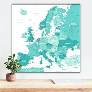 Druckbare Karte Europa | Türkis Europa Länder | Reise Dekor | Instant Download Wall Art für Poster, Tapeten, Wandbilder, Drucke