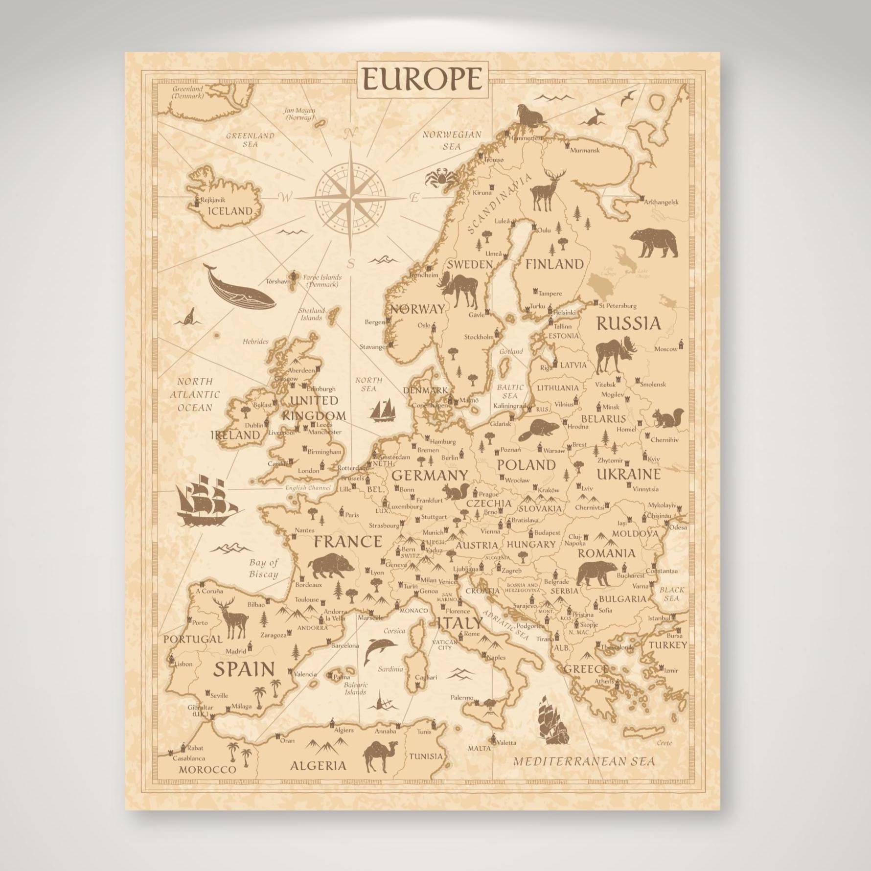 Large Vintage Europe Map Print – Neutral Beige, Kids Educational Wall ...