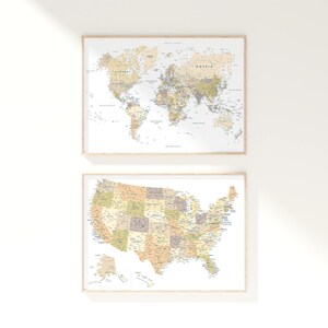 アメリカと世界地図プリント2枚セット – ニュートラルトラベルポスター（デジタルダウンロード）