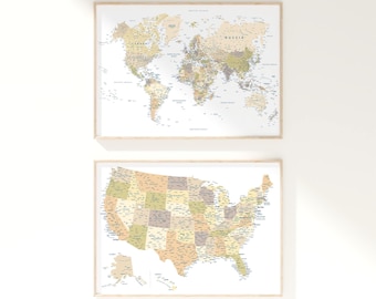 USA & Weltkarte 2er Set - Neutrale Reiseposter (Digitaler Download)