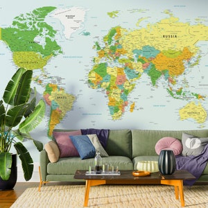Affiche de carte du monde politique à téléchargement immédiat pour une décoration d'école à la maison | Carte imprimable des États-Unis | Impression colorée de carte éducative de la salle de classe