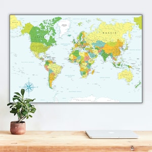 Mapa del mundo grande imprimible a todo color con países / Mapa digital del mundo para educación en el hogar / Impresión artística de mapas / Decoración de pared para dormitorio de oficina en casa