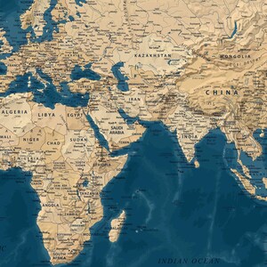 Highly Detailed Printable World Map Poster in Blue & Gold Colors - Download Large wall Art - Digital print, Vintage Political Map