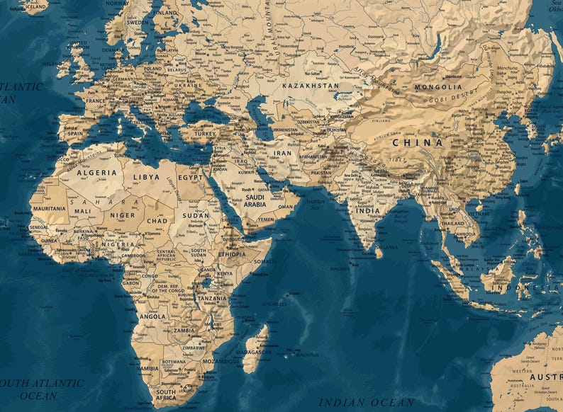 Highly Detailed Printable World Map Poster in Blue & Gold Colors - Download Large wall Art - Digital print, Vintage Political Map