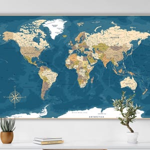 Detailed World Map with countries and cities - Neutral Tones Digital Download Print, High-res Printable Map for Wall Art