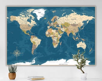 Carte du monde détaillée avec les pays et les villes - Impression téléchargement numérique, tons neutres, carte imprimable haute résolution pour art mural