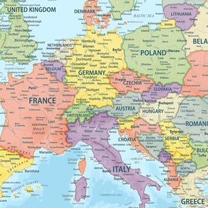 Digital Political Map of Europe, Download Detailed Europe Map, Ready to Print Colorful Map Poster, European Continent Map with Countries