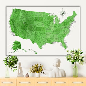 Póster verde con descarga digital del mapa de Estados Unidos: mapa detallado de América para viajes, para la escuela en casa, arte mural con el mapa de EE. UU., impresión verde del mapa de EE. UU.