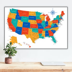 Mapa educativo de Estados Unidos imprimible / Póster y fondo de pantalla de mapa de EE. UU. colorido y detallado / Mapa de pared para la escuela en el hogar / Mapa de EE. UU., estados, América