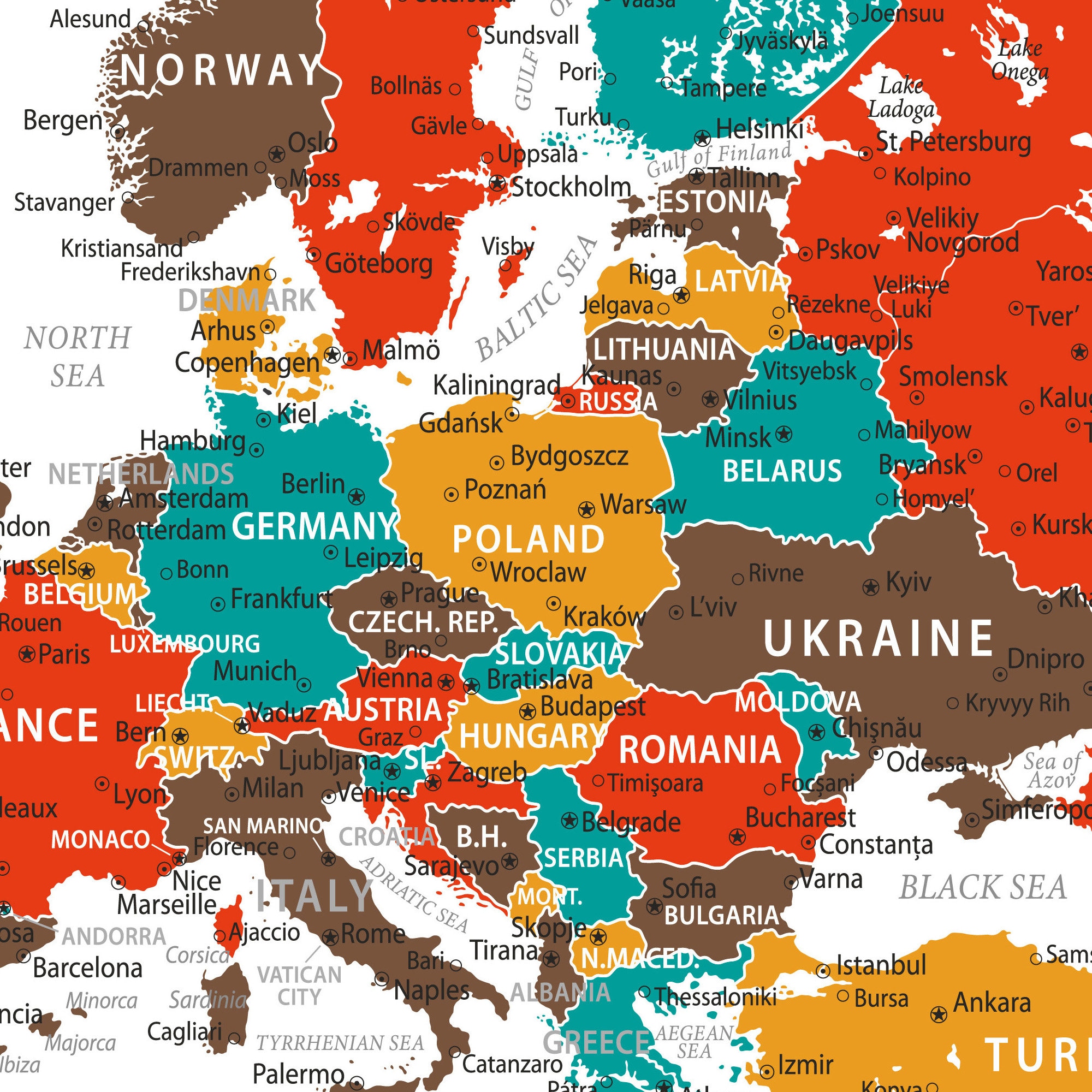 Digital Color World Map With Countries. Printable Map Poster Large Size ...