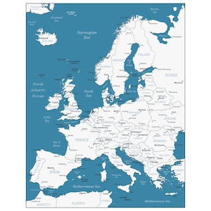 Druckbare blau weiße Europa Karte | Karte der europäischen Länder | Digitale Politische Landkarte Europa | Länder Europas | Europa-Karte