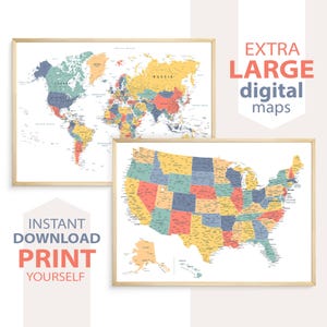 Digitale USA und Weltkarte Set - Detaillierte Welt und USA Karte Print, Download druckbare Set Poster, Reisekarten Sommerfarben Wandkunst