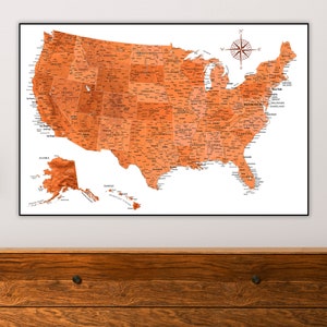 Impressão elegante de alta qualidade do mapa dos EUA para decoração de parede - Arte detalhada do mapa dos Estados Unidos para pôsteres, papéis de parede e impressões | Mapa marrom terracota