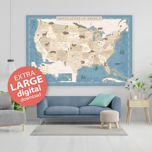 Printable Kids Map of the United States, USA Map, Homeschool Map, Educational Wall Art, Blue Beige Poster, Kids wall decor digital print
