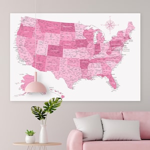Carte numérique rose des États-Unis | Art mural rose | Cadeaux filles | Carte des Etats-Unis pour chambre d'enfant | Cadeau de voyage | Art mural imprimable | Grande carte décorative des États-Unis