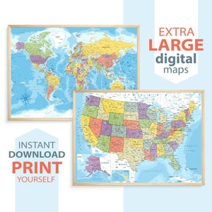 Set mit 2 Karten - Detaillierte politische Weltkarte & USA-Karte, druckbare große farbige Karten mit Ländern, digitale Karten, Wandkunst