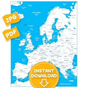 Digitale Europa Karte - Blau weiße Karte der europäischen Länder zum Herunterladen und ausdrucken | Landkarte Europa | Kartierung Länder, Europa Karte Poster, Druck