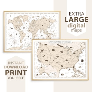 Vintage World & USA Map Set - druckbare Karten, Karten im antiken Stil digitaler Download, neutrales Reisedekor, alte Weltkarte für Büro oder zu Hause