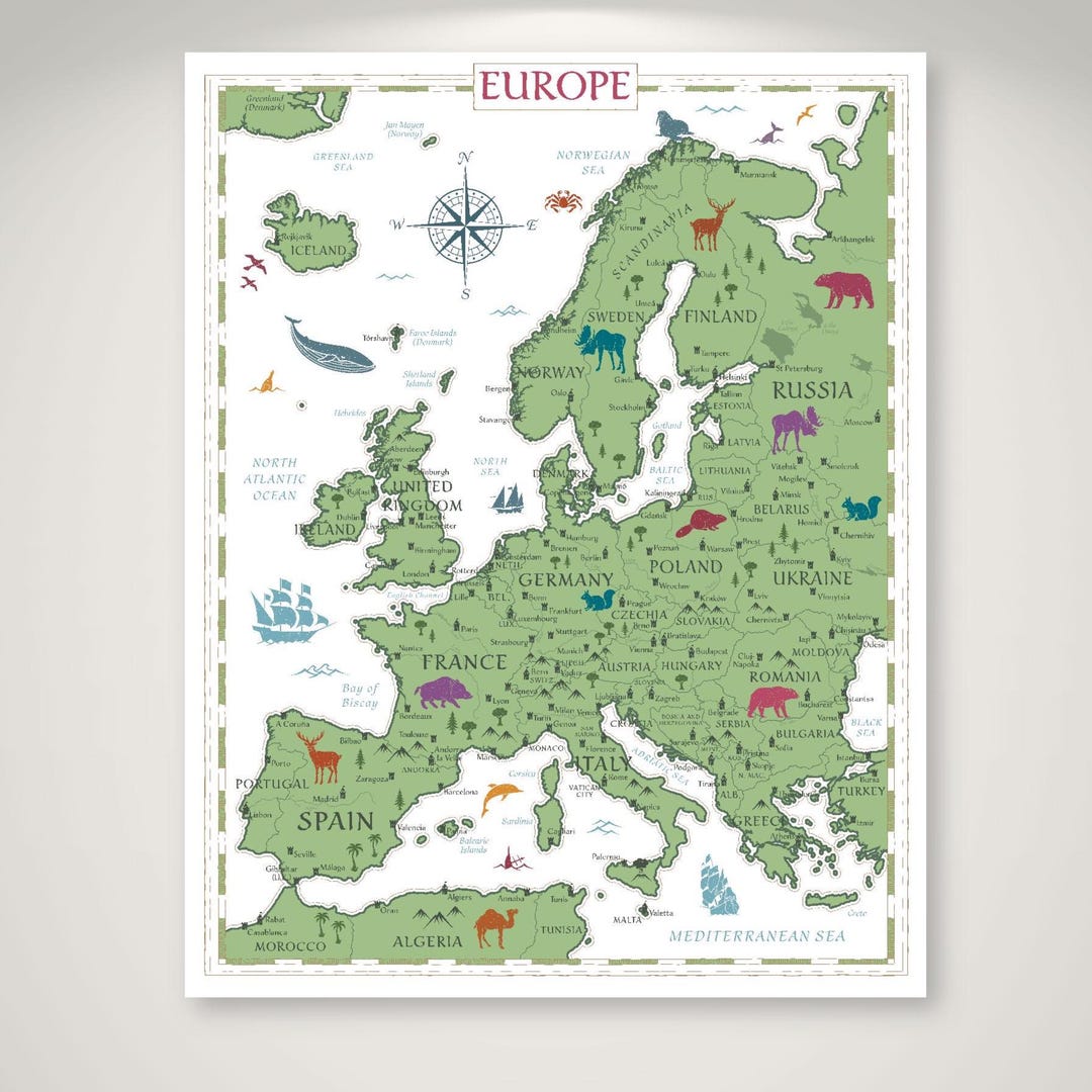 Digital Green Map of Europe, Printable Europe Map for Kids, European ...