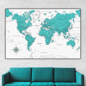 Impression d'art numérique carte du monde turquoise pour affiches et décoration murale - téléchargement immédiat | Carte imprimable pour papiers peints haute résolution, impressions