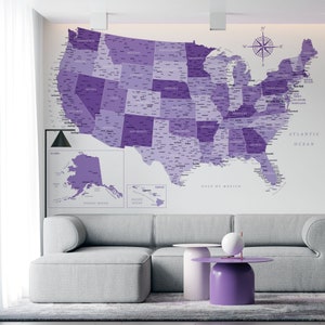 USA Map violettes digitales Poster | Detaillierte Landkarte USA | Hochauflösende US Karte | USA Map print, Poster, Tapete, Schulwanddekor, Studentenwohnheim