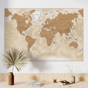 Detaillierte druckbare Weltkarte Poster - große neutrale Farben Wand Kunst, Druck Vintage Karte (digitaler Download)