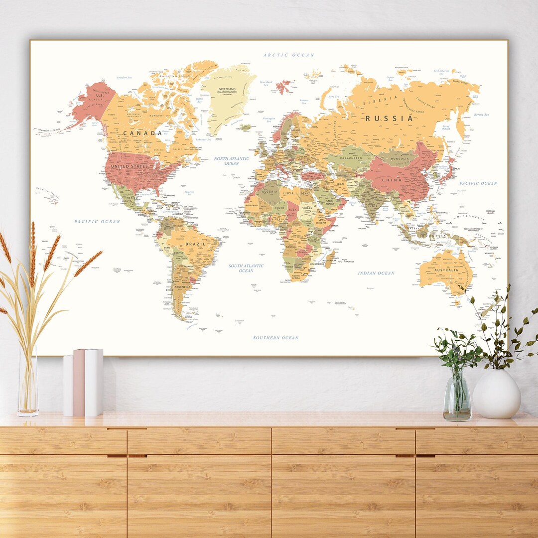 World Map Print - Detailed Printable Poster, Warm Colors Map Digital ...