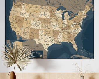 Impresión de mapa vintage de EE. UU. - Arte mural azul y beige (descarga digital)
