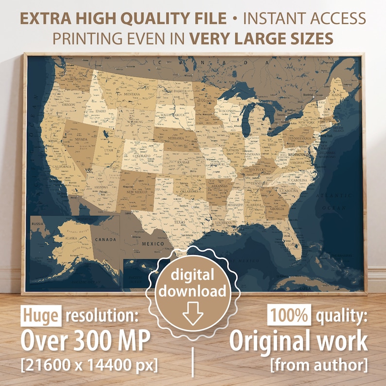 Gold Blue USA Map Detailed United - Il 794xN.5876610855 Hw38 