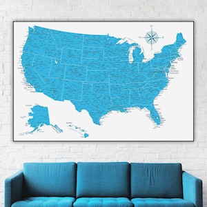 Educational Blue United States Map Printable | Detailed USA Map poster & wallpaper | Home School wall map | usa map, states, america print