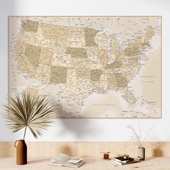 USA Map Wall Art – Detailed Vintage Pastel Style United States Poster (Digital Download)