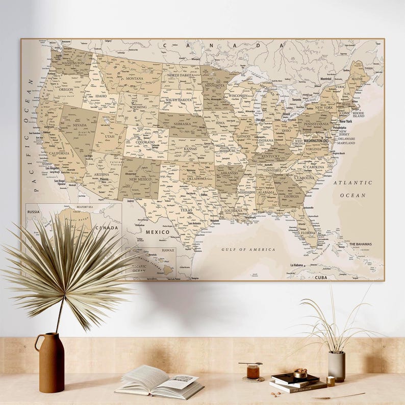 Printable Map of America with States and Major Cities - Pastel Wall Art Map | Vintage USA Map Print, States of America Map Digital Download