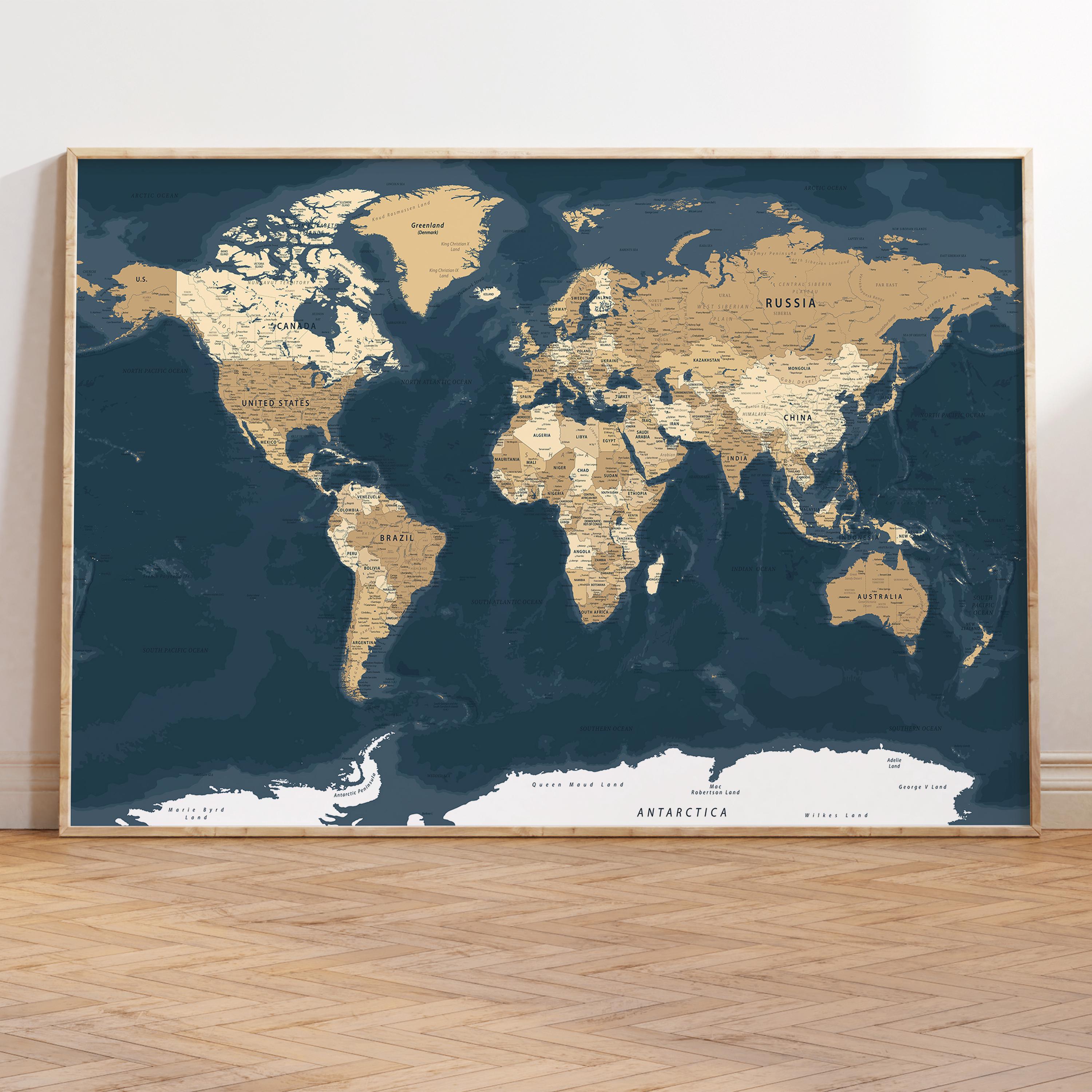 Vintage World Map Blue & Beige - Digital Download Map - Easy