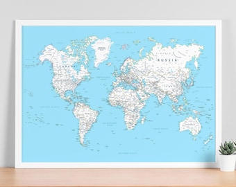 White and Blue World Map Minimalist Style Print, Map with Detailed Countries (Digital Download)